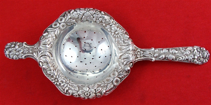 REPOUSSE TEA STRAINER with APPLIED HANDLES