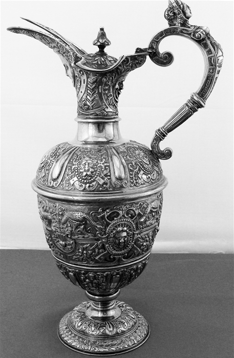  ENGLISH STERLING SILVER CLARET JUG WITH MASK HEADS AND ANIMALS, 1876 