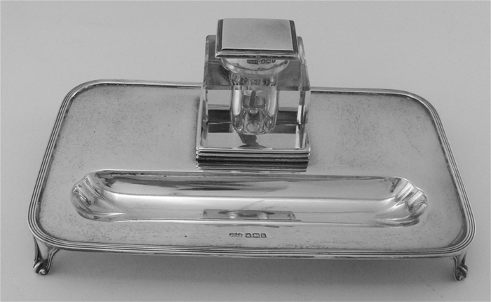 English by J.D.&amp;S STERLING SILVER Inkwell and Pen Tray Desk Accessory Set 