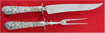 REPOUSSE Sterling Silver X-LARGE ROAST CARVING SET, 15" Knife; 12" Fork
