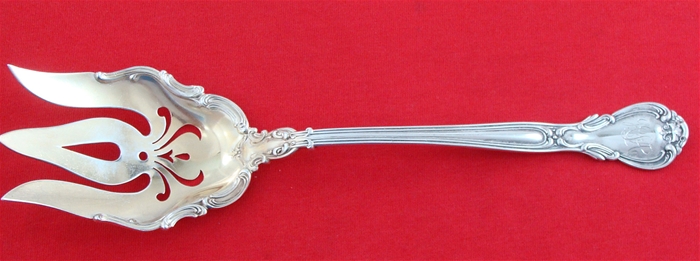  SALAD SERVING FORK, Gold washed pierced bowl  with applied border, 10 3/8&quot;, Old Mark, Mono