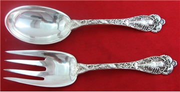 OLD Watson Sterling Silver 9 1/4&quot; EMBOSSED LOBSTER SALAD SET, Sea Motif, No Mono